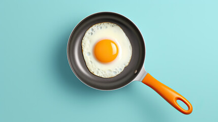 Fried egg on small pan isolated on turquoise background. - obrazy, fototapety, plakaty