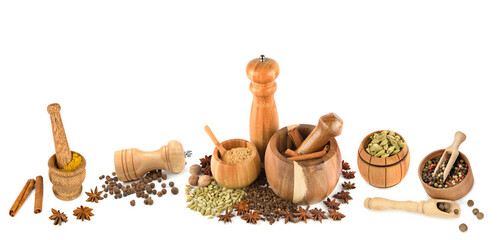 Set of spices, mortar with pestle and chopper isolated on white background. Collage. Wide photo....