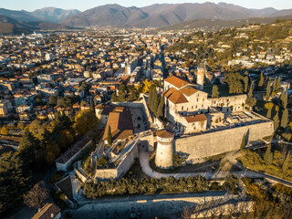 Italy November 30, 2023 - aerial view from the drone of the Brescia castle in Lombardy with the Maddalena hill - obrazy, fototapety, plakaty