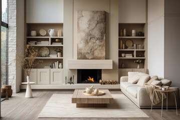 Fototapeta na wymiar Cozy sofa and fireplace in a minimalist modern living room