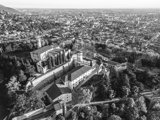 Italy November 30, 2023 - aerial view from the drone of the Brescia castle in Lombardy with the Maddalena hill