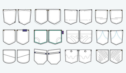 Jeans and denim Patch pocket flat sketch vector illustration set, different types of Clothing Pockets for jeans pocket, sleeve arm, cargo pants, dresses, bag, garments, Clothing and Accessories - obrazy, fototapety, plakaty