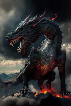 Mighty black infernal roaring dragon on the top of the volcano, dark sky background, volcanic dragon, dark fantasy, vertical, Year of the Dragon, Generative AI