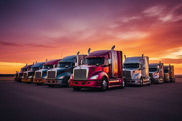 Trucked parked side by side. Amazing sunset. Orange and purple colors.