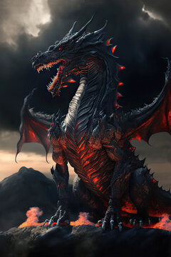 owerful black dragon on the top of the mountain, black clouds background, dark fantasy, vertical, Generative AI