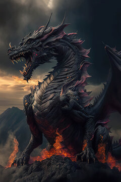 Black dragon on the top of the mountain in flames, black sky background, dark fantasy, vertical, Year of the Dragon, Generative AI