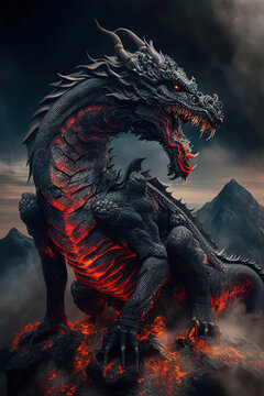 Black mighty infernal fire dragon on the top of the volcano, volcanic dragon, dark fantasy, vertical, Year of the Dragon, Generative AI