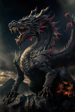 Powerful black dragon on the top of the mountain, black sky background, dark fantasy, vertical, Year of the Dragon, Generative AI