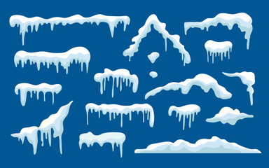 Snow caps, snowballs and frozen icicles of house roof, realistic icons isolated on blue background. Winter snow caps and frost icicles for Christmas and New Year design. - obrazy, fototapety, plakaty
