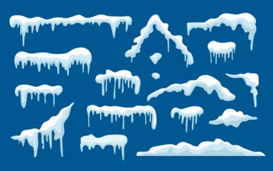 Fotobehang Snow caps, snowballs and frozen icicles of house roof, realistic icons isolated on blue background. Winter snow caps and frost icicles for Christmas and New Year design. © Loya.art
