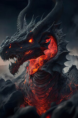 Mighty black infernal dragon with red burning eyes in the black clouds and mountains background, dark fantasy, vertical, Year of the Dragon, Generative AI