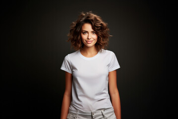 Smiling woman wearing a pink mockup T-shirt on a pink background in the studio