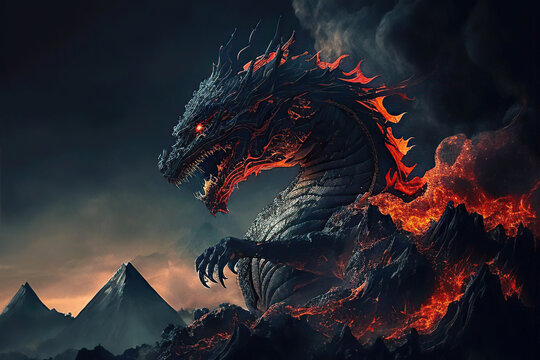 Mighty giant black infernal burning dragon in the mountains, volcanic dragon, dark fantasy, Year of the Dragon, Generative AI