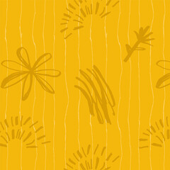 Naive seamless squiggle pattern with yellow checkered lines and freehand doodles. Creative abstract hand drawn style drawing background with texture.