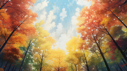 A dense forest with towering, autumn leaves in the forest
