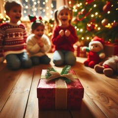 Fototapeta na wymiar Merry Christmas and Happy Holidays! Cheerful cute childrens girls opening gifts. Kids wearing pajamas having fun near tree in the morning. Loving family with presents in room.