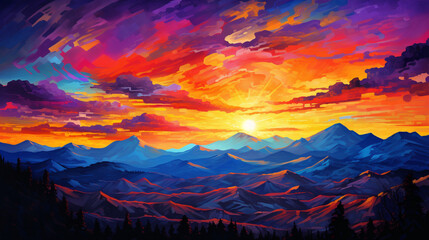 A dramatic sunset casting, sunset over mountains