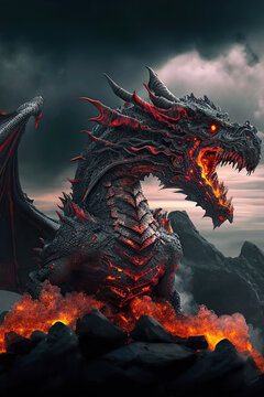 Black powerful infernal fire dragon on the volcano, dark sky background, volcanic dragon, dark fantasy, vertical, Year of the Dragon, Generative AI