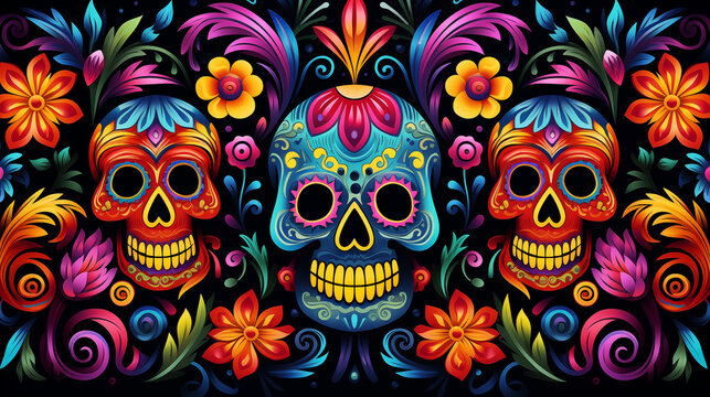 Seamless Mexican ethnic pattern in the style of the Dia de los Muertos