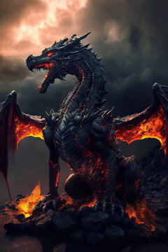 Black mighty infernal winged dragon on the volcano, black sky background, volcanic dragon, dark fantasy, vertical, Year of the Dragon, Generative AI