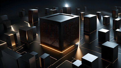 3d illustration of a futuristic city with glowing lights and black cubes