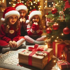 Fototapeta na wymiar Merry Christmas and Happy Holidays! Cheerful cute childrens girls opening gifts. Kids wearing pajamas having fun near tree in the morning. Loving family with presents in room.