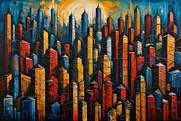 An abstract oil painting portraying the city skyline, where bold strokes and vibrant colors...