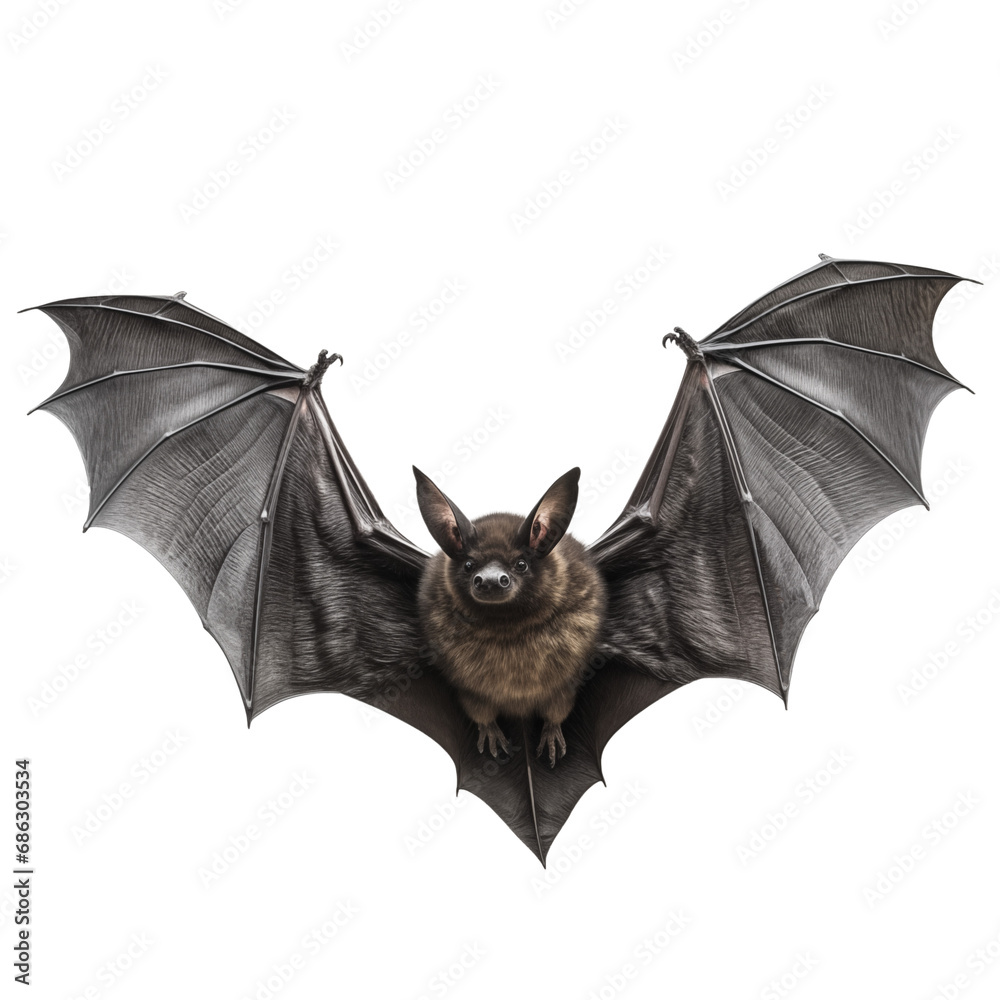 Wall mural a flying black bat is cut out on a transparent background. mockup of a bat with spread wings in png 