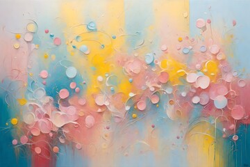 A whimsical dance of pastel pinks, blues, and yellows, this abstract oil painting exudes a sense of...