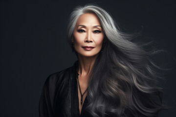 Fototapeta premium Beauty portrait of an attractive sensual mature Asian woman with long gray hair over black background