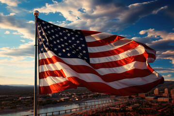 American flag on the background of the city