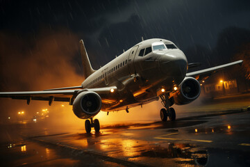 An emergency landing of a passenger plane on a highway in the evening in rainy weather. - obrazy, fototapety, plakaty