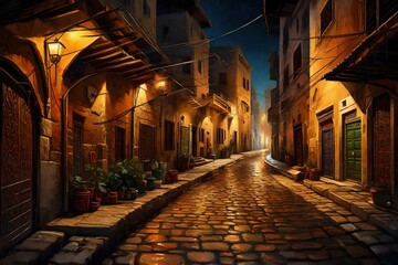Fototapeta na wymiar A captivating night view of the streets in an old Arab city, portrayed through computer graphics in an oil painting style. 