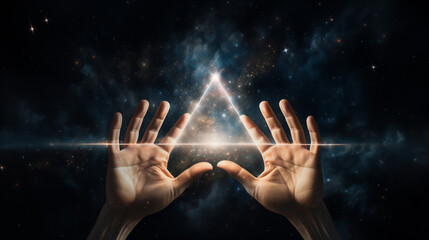 Mains ouvrant un portail sur une réalité alternative, triangle lumineux, spiritualité et éveil de conscience - obrazy, fototapety, plakaty