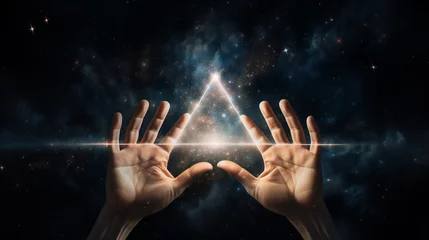 Fotobehang Mains ouvrant un portail sur une réalité alternative, triangle lumineux, spiritualité et éveil de conscience © Leopoldine