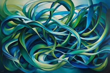 A captivating abstract oil painting that explores the concept of fluidity, with sinuous ribbons of emerald green and sapphire blue intertwining and overlapping.