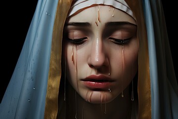 Holy virgin Mary with tears on her face - 686304949