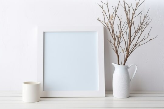 white frame mock up and dry twigs in vase. Mock up white wooden poster frame decor