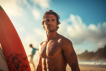 Fit young surfer man with curly blond hair with surfboard goes by the ocean having fun doing extreme water sports, surfing. Travel and healthy lifestyle concept. Sports travel destination - obrazy, fototapety, plakaty
