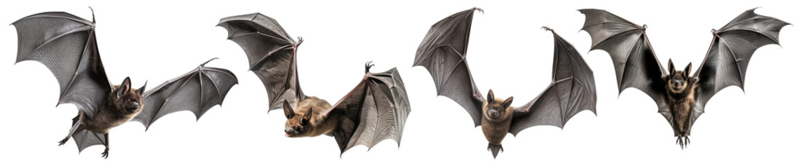 Set of a flying bats is cut out on a transparent background. Mockup of a bats with spread wings in PNG format for inserting into a design or project.