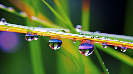 A macro shot of a delicate with dew drops on a grass