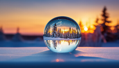 Fototapeta na wymiar Glass ball on the background of a beautiful winter landscape