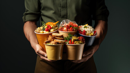 A person holding a tray with various takeaway food containers filled with an assortment of food
