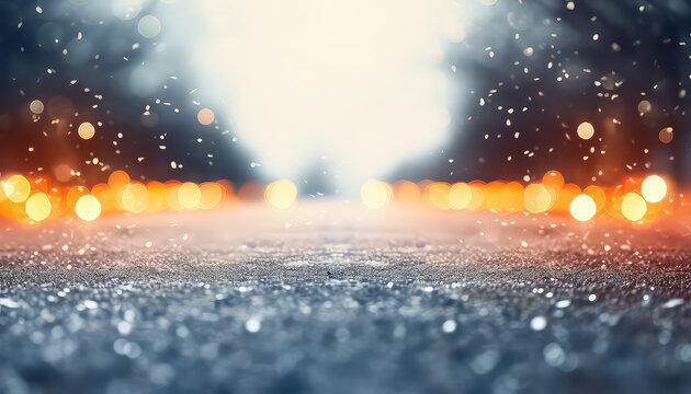 Washed-out road with snow and lights