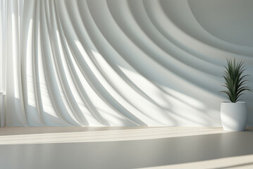 Textured wall with three-dimensional waves and a shadow from the sun on the wall. Background for product demonstration