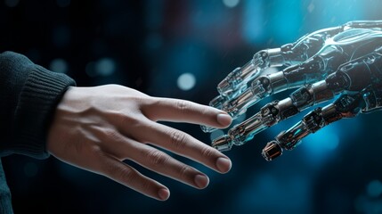 The robot's hand touches the human hand. Concept of human interaction and neural network, data exchange, deep learning.