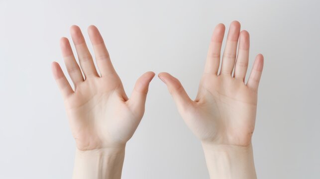 Two hands with palms facing the lens on a gray background.