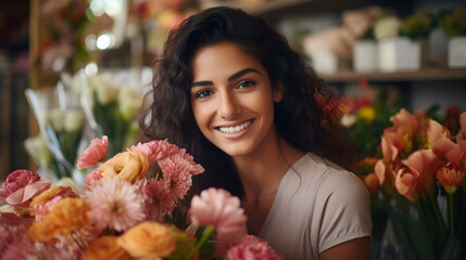Mujer latina en una tienda de flores en la primavera, morena con sonrisa y sol en su cabello - obrazy, fototapety, plakaty