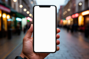 Smartphone with white blank screen mockup in a man's hand against the background of a city with lights