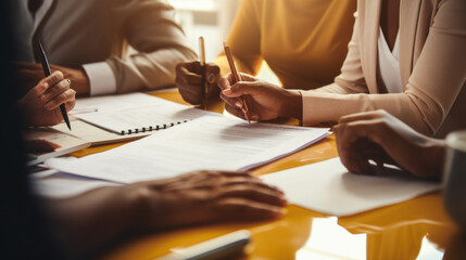 Close-up view of hands signing a document, with multiple individuals engaged in a business meeting around a table. - obrazy, fototapety, plakaty